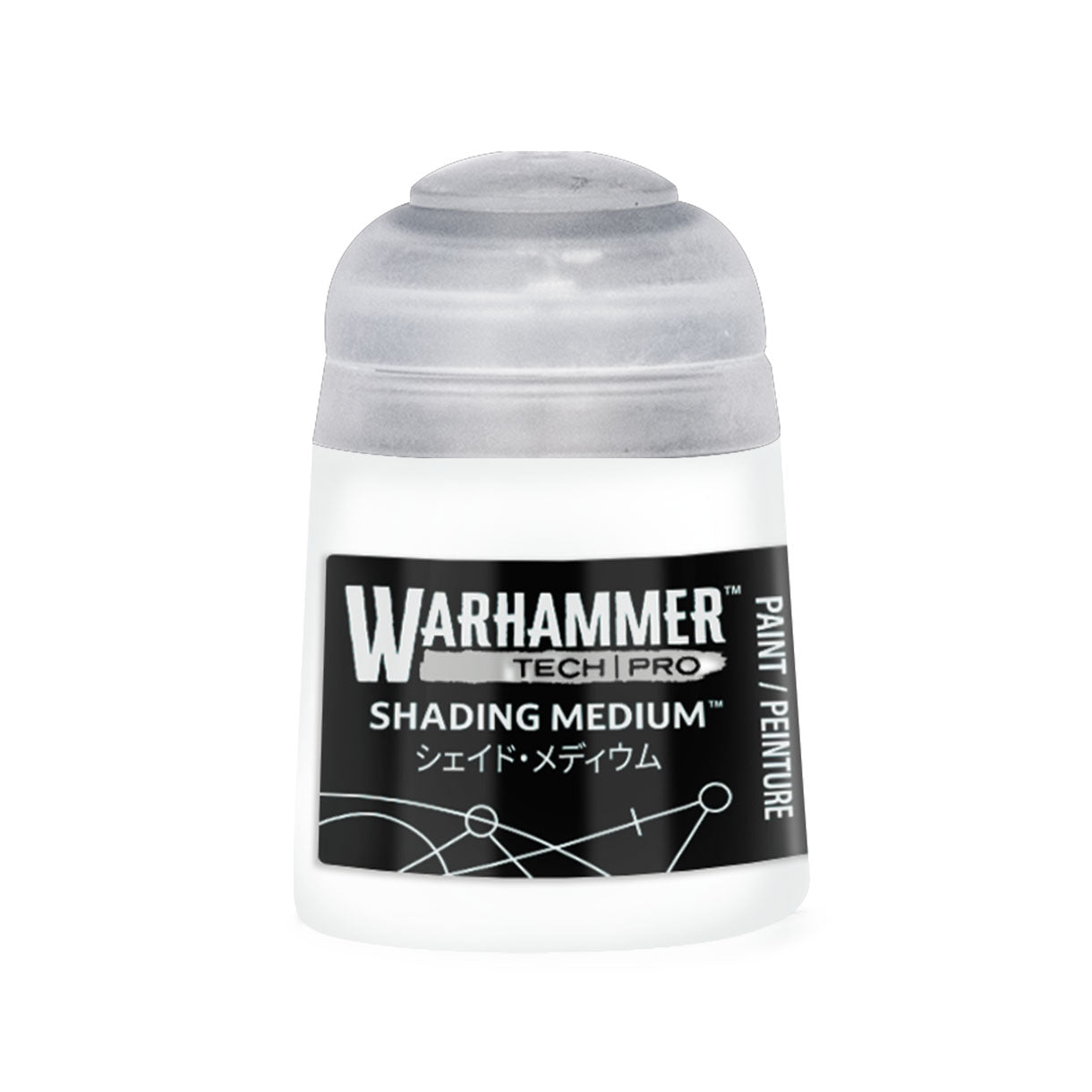 White plastic bottle with clear dome cap and black label featuring Warhammer tech paint logo for shading medium use