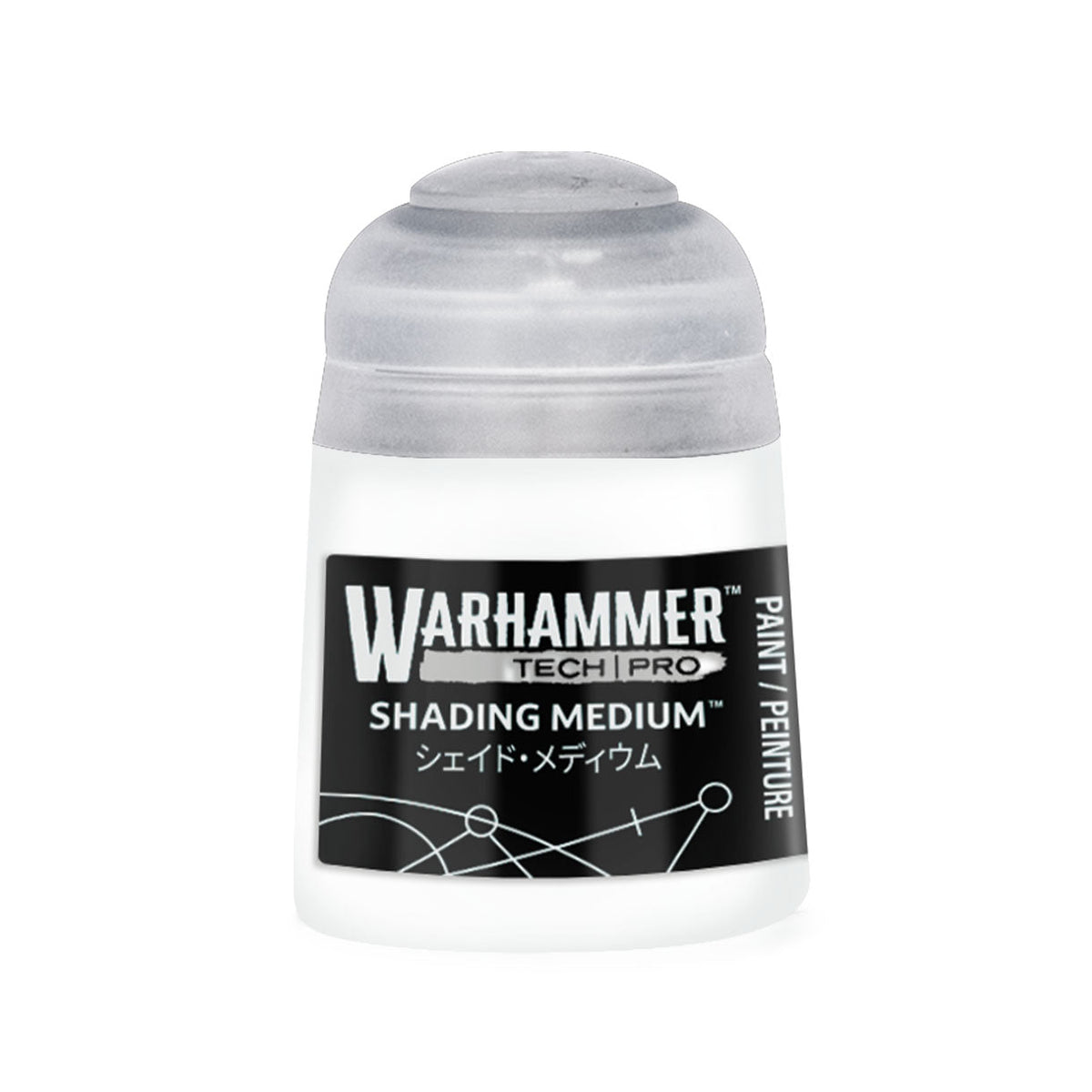 White plastic bottle with clear dome cap and black label featuring Warhammer tech paint logo for shading medium use