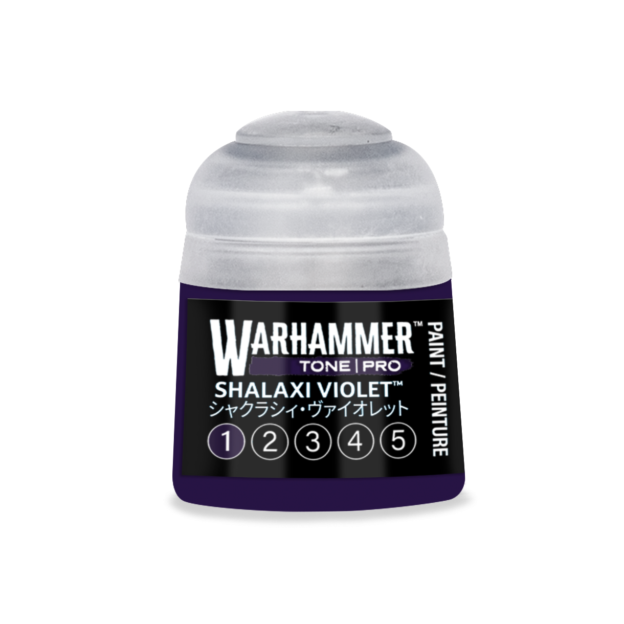A small cylindrical bottle of Warhammer Tone Pro paint in the color Shalaxi Violet 12ml