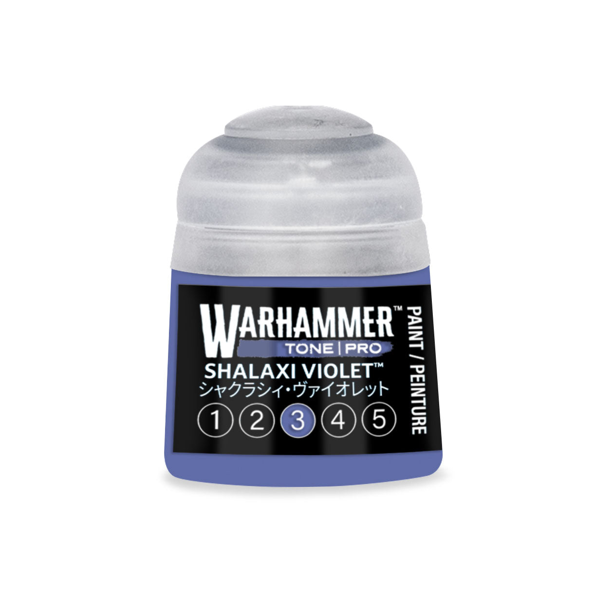 A small cylindrical bottle of warhammer tone pro paint in shalaxi violet color for miniature detailing