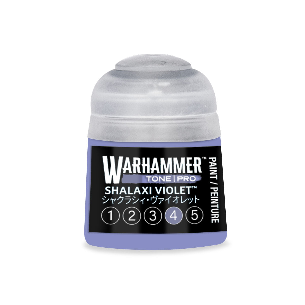 A small translucent plastic bottle of Warhammer Tone Pro paint in the shade Shalaxi Violet 12ml
