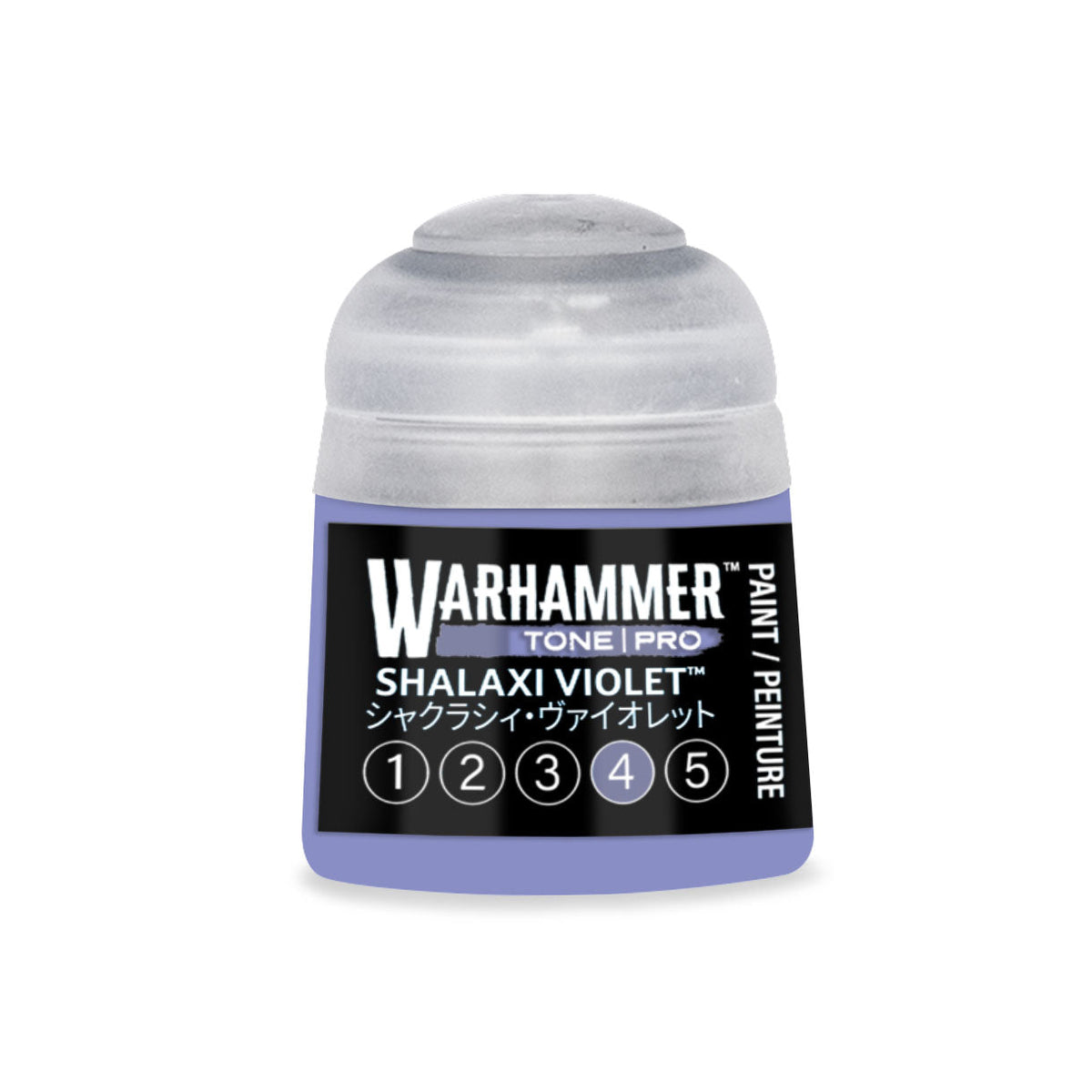 A small translucent plastic bottle of Warhammer Tone Pro paint in the shade Shalaxi Violet 12ml