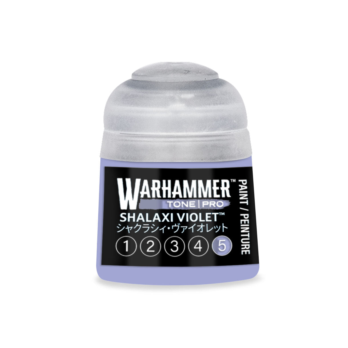 A small translucent plastic bottle of Warhammer Tone Pro paint in the shade Shalaxi Violet 12ml