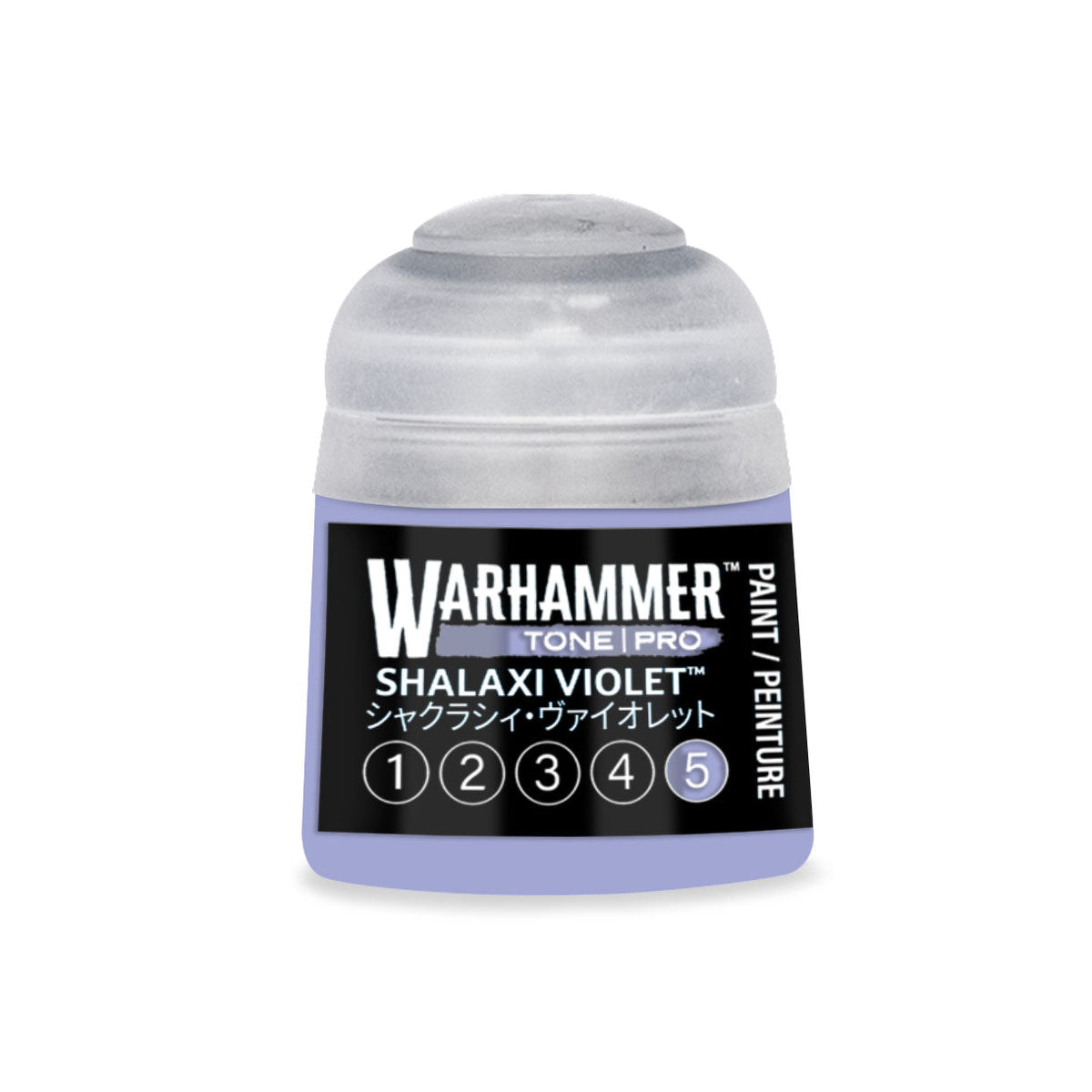 A small translucent plastic bottle of Warhammer Tone Pro paint in the shade Shalaxi Violet 12ml