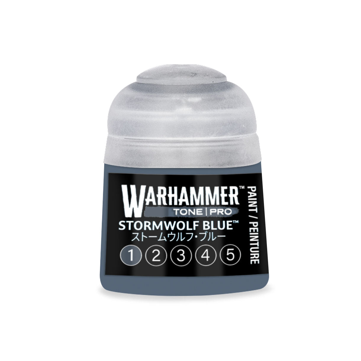 Warhammer tone pro stormwolf blue 12ml paint bottle with translucent cap and black label for miniature painting