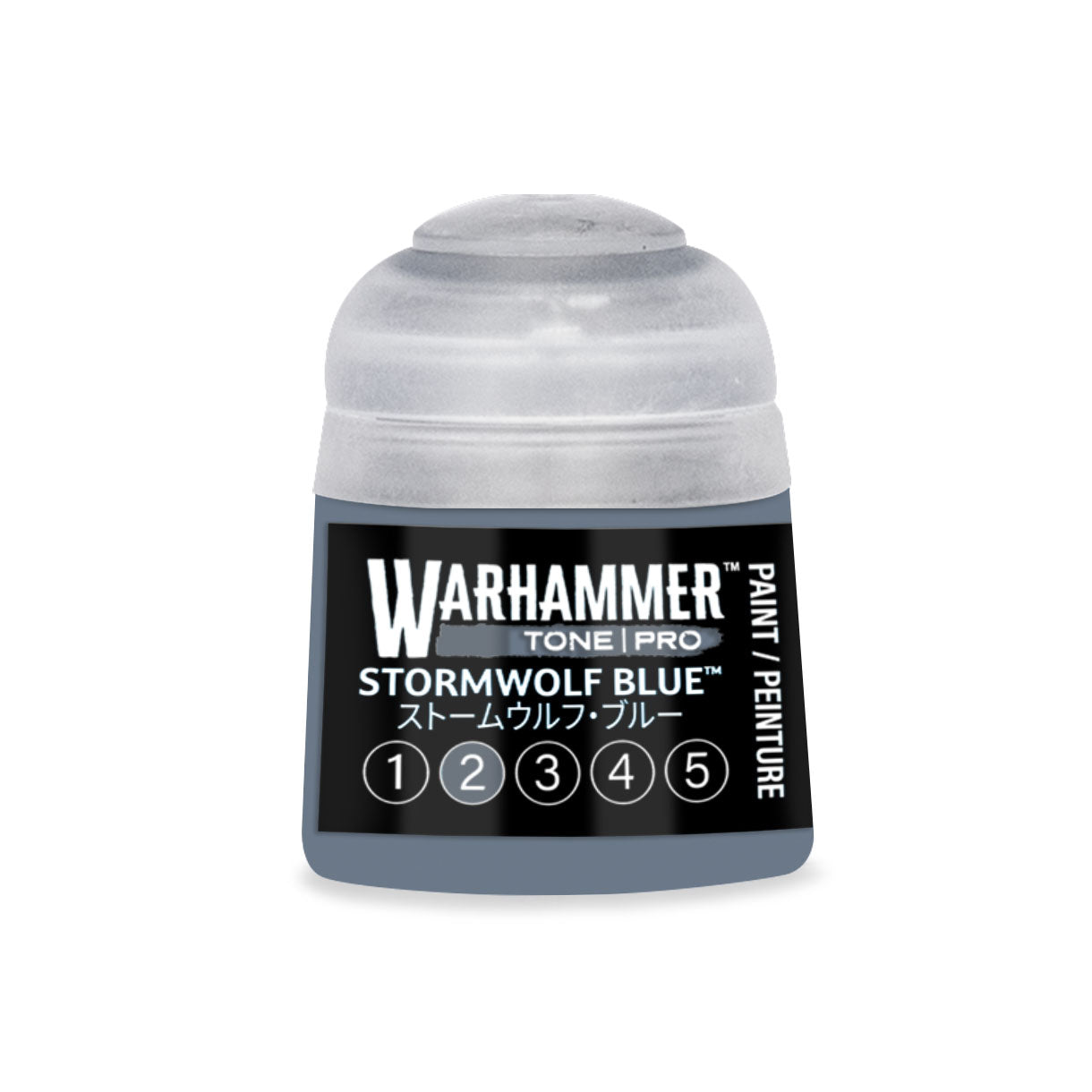 A small cylindrical bottle of Warhammer Tone Pro Stormwolf Blue 12ml paint with clear cap and black label
