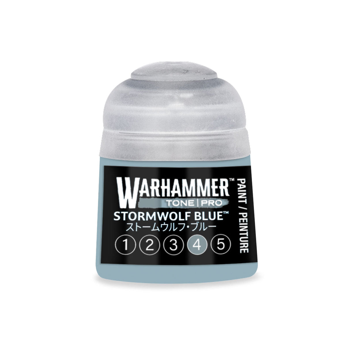 A small translucent plastic bottle of warhammer tone pro stormwolf blue paint with a black label and light blue liquid inside