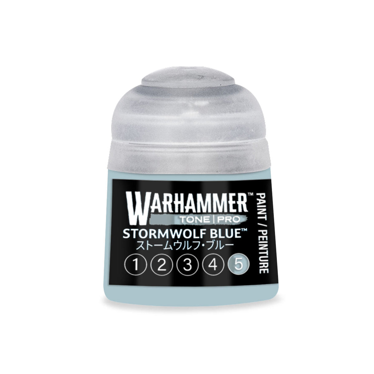 A small translucent plastic bottle of warhammer tone pro paint in stormwolf blue for miniature detailing and modeling