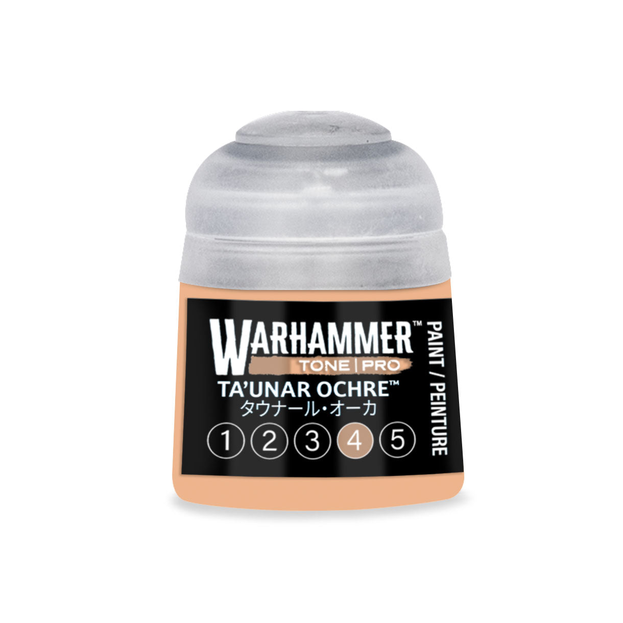 A small translucent plastic bottle of Warhammer Tone Pro paint in the shade Taunar Ochre 12ml
