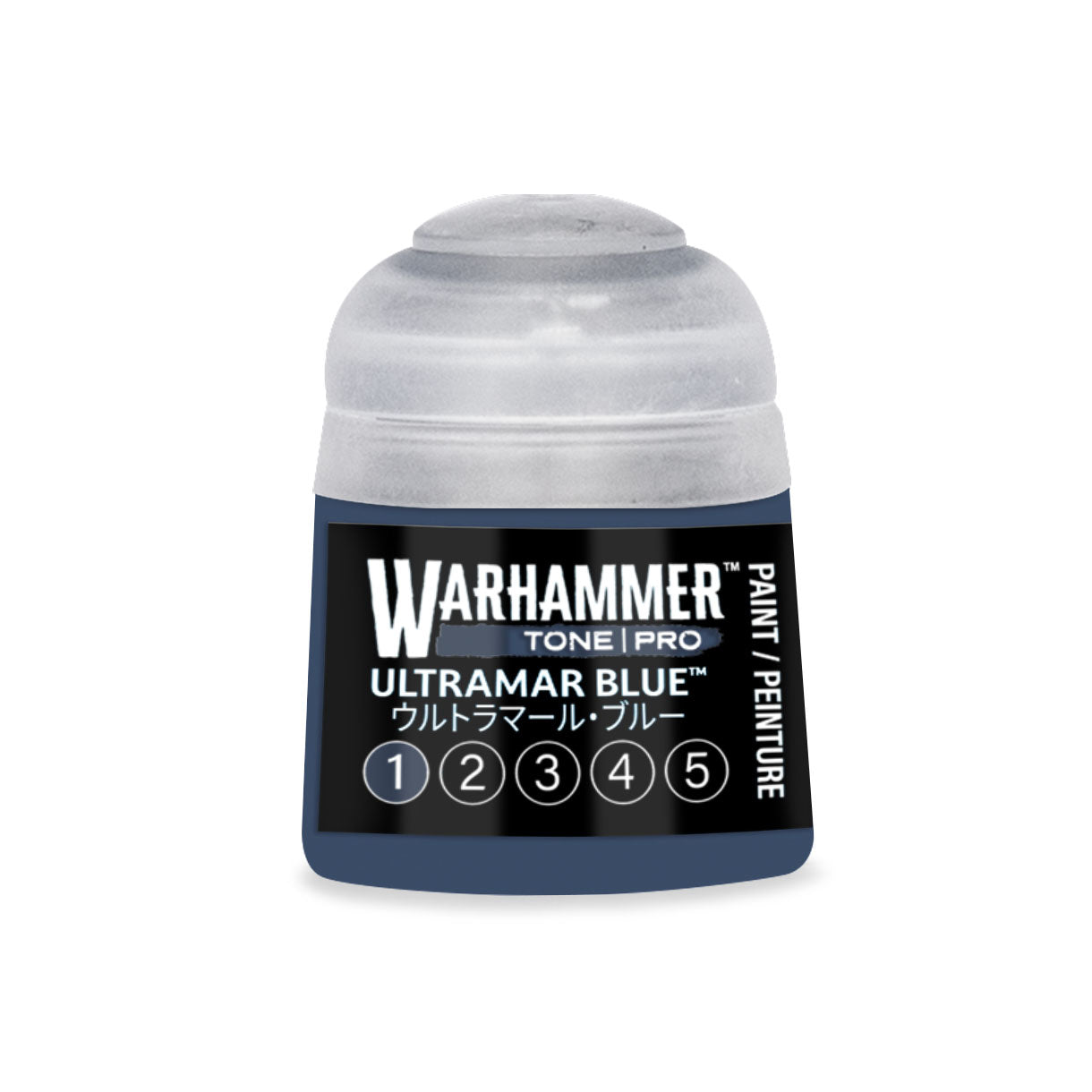 Warhammer tone pro ultramar blue paint bottle with clear plastic cap and black label in 12ml size