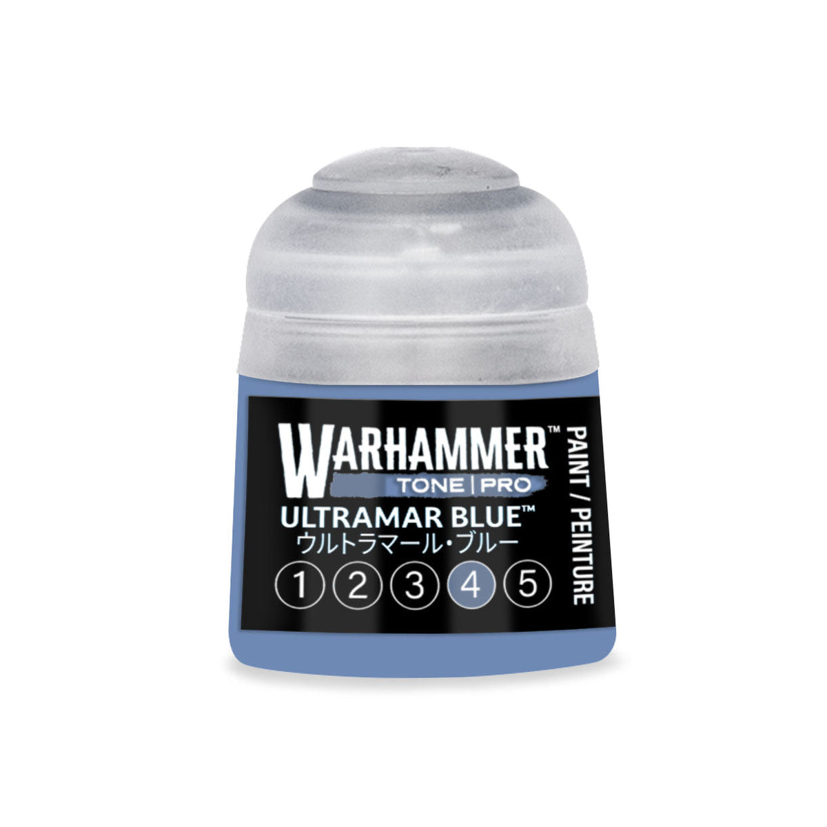 A small translucent plastic bottle of warhammer tone pro ultramar blue paint with a clear cap and black label
