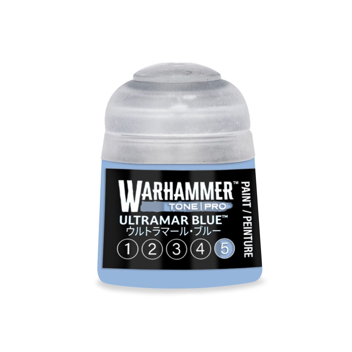 A small translucent plastic bottle of Warhammer Tone Pro Ultramar Blue miniature paint with a clear cap and black label