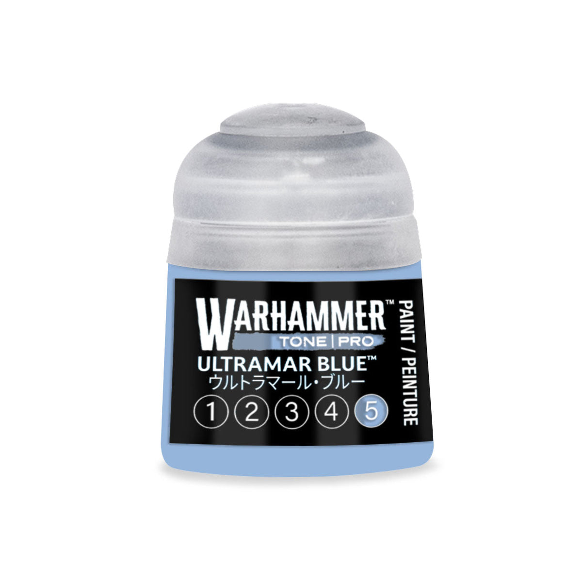 A small translucent plastic bottle of Warhammer Tone Pro Ultramar Blue miniature paint with a clear cap and black label