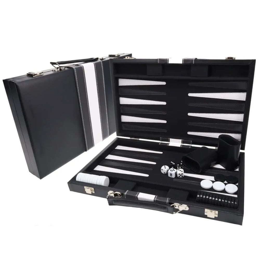 WE 14.75in Backgammon Set in Black Leatherette Case - Board Games