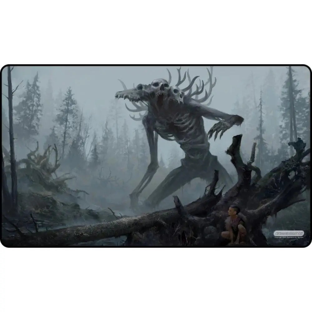 Wendigo playmat featuring a grimy mist-shrouded forest design with a towering skeletal creature and skull eyes