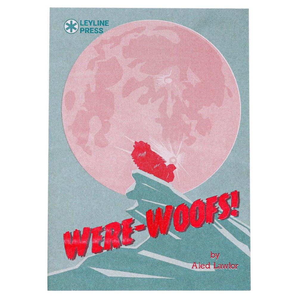 A stylized children’s book cover for were-woofs RPG featuring a pink moon and red dog silhouette on teal mountains