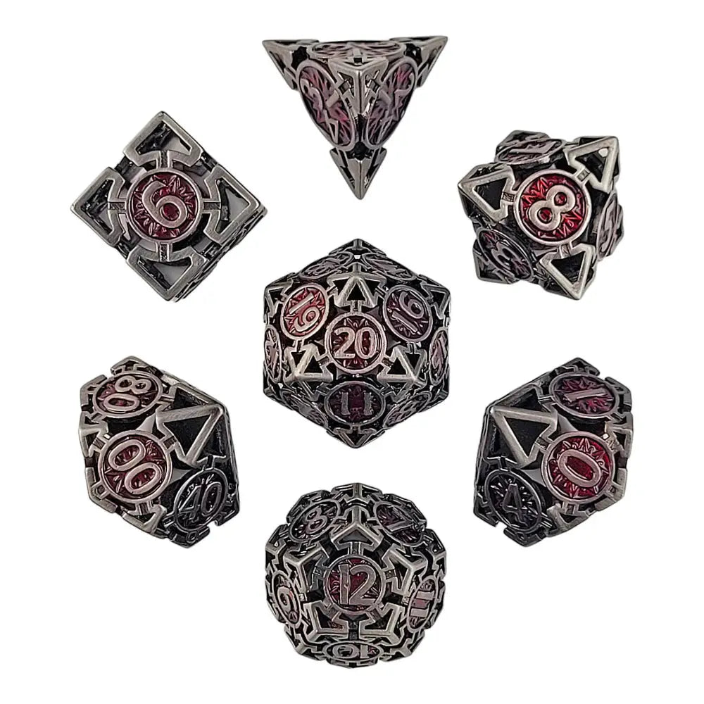 Wind’s Rose Red Hollow Metal Polyhedral (D&D) Dice Set (7) - & Supplies