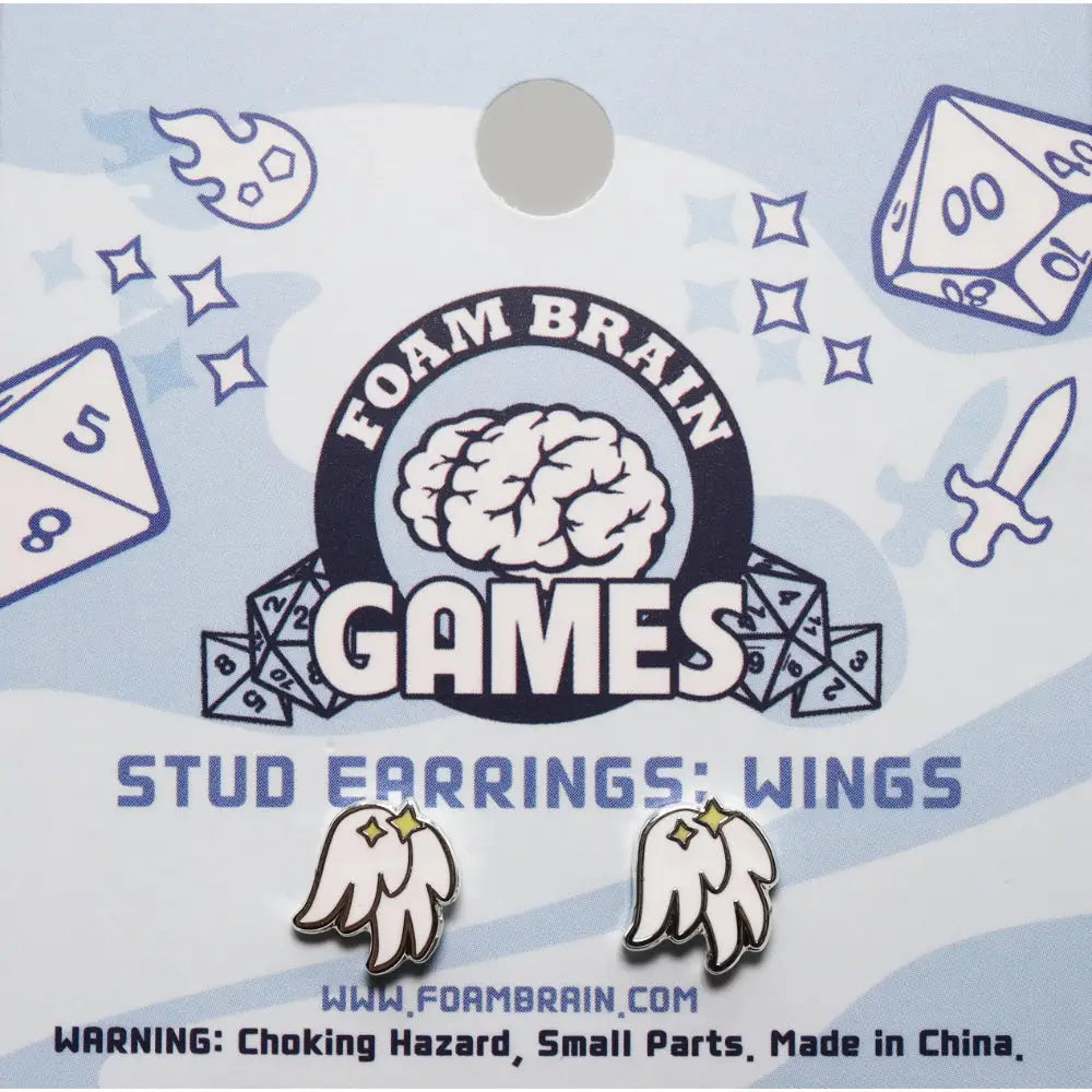 White wings stud earrings with gold star accents and black outlines by Foam Brain Games from Wings Post Earrings collection