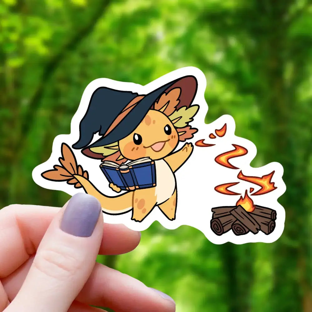 Wizard Axolotl Starting a Fire Sticker - Gifts