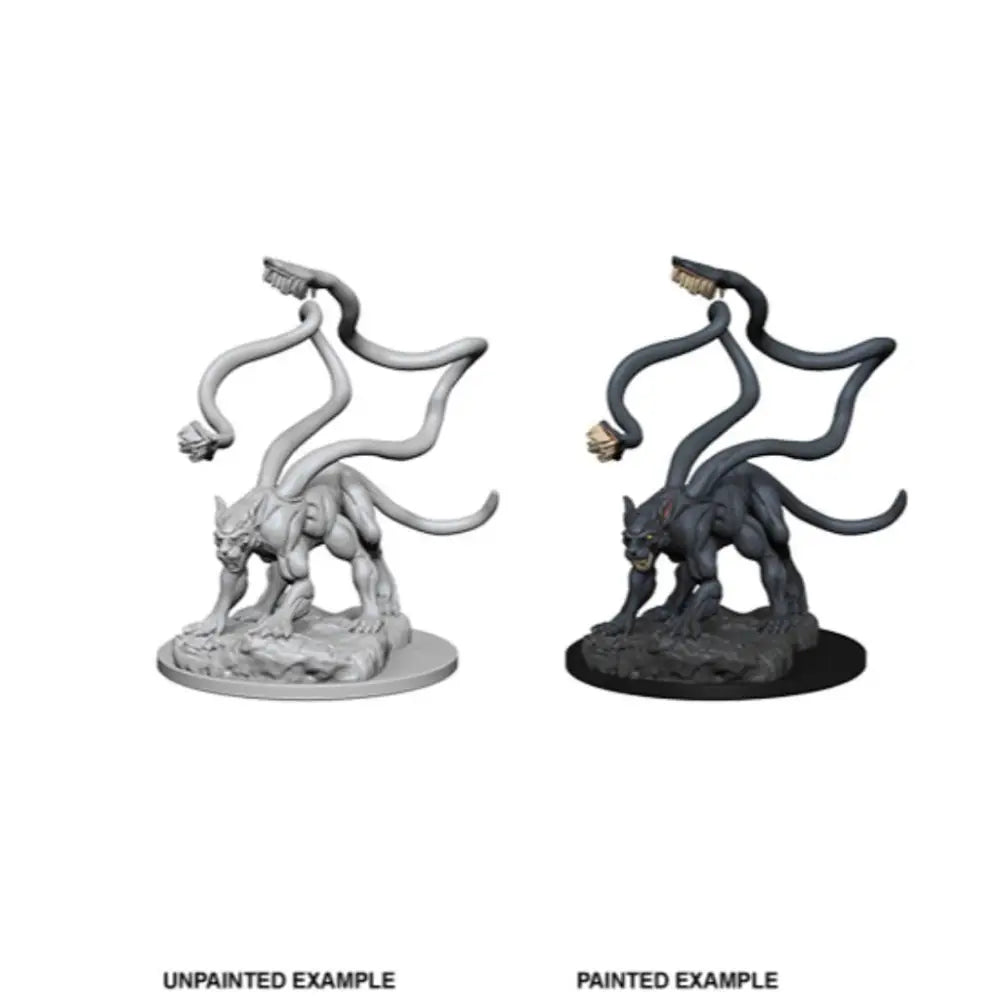 Unpainted and painted black multi-tailed displacer beast monster miniatures on circular bases by WizKids