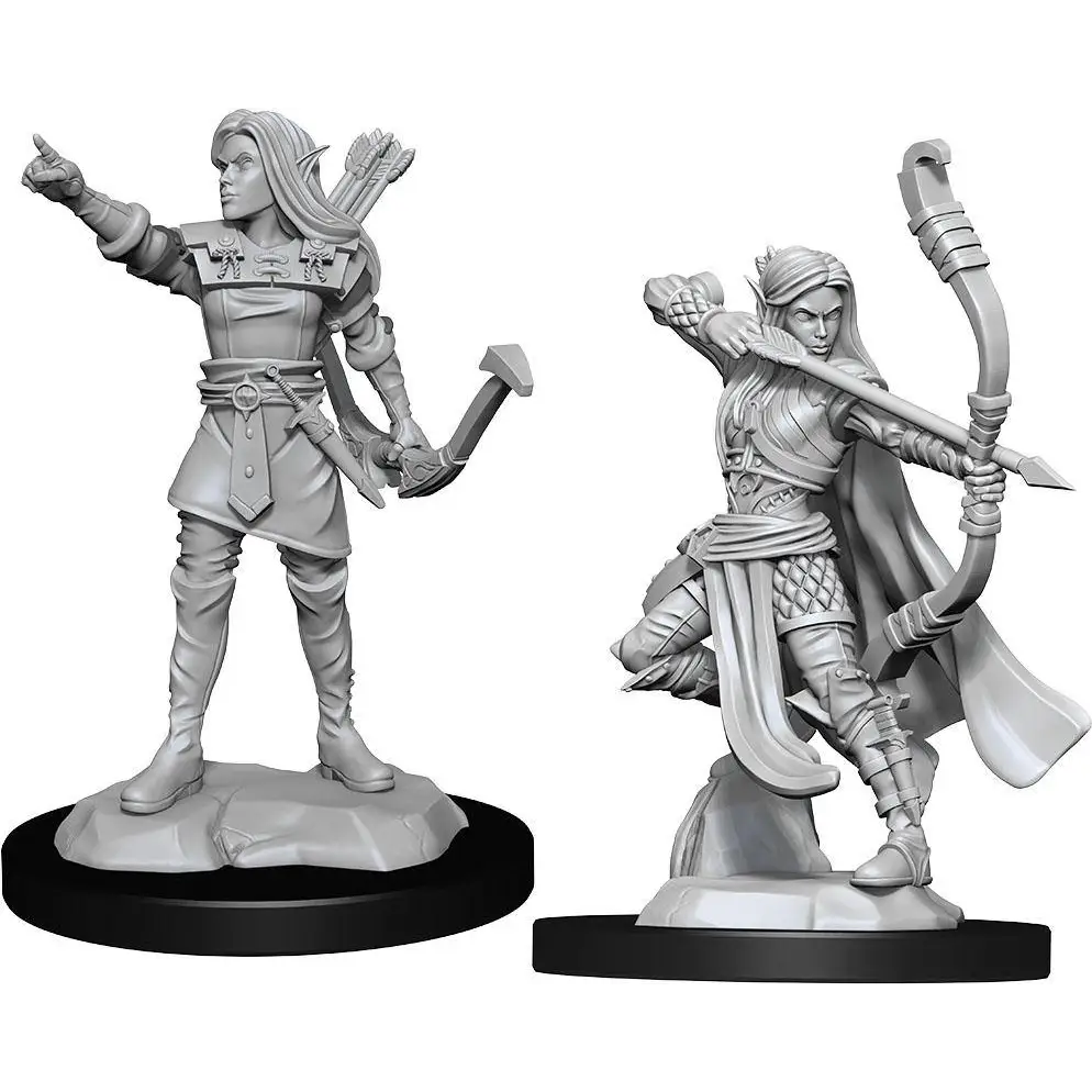 Two unpainted gray resin miniature elf female rangers by wizkids one standing with bow one mid-draw pose