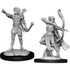 Two unpainted gray resin miniature elf female rangers by wizkids one standing with bow one mid-draw pose