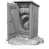 Detailed monochrome wooden mimic miniature by wizkids featuring an open outhouse door with a toothy monster inside