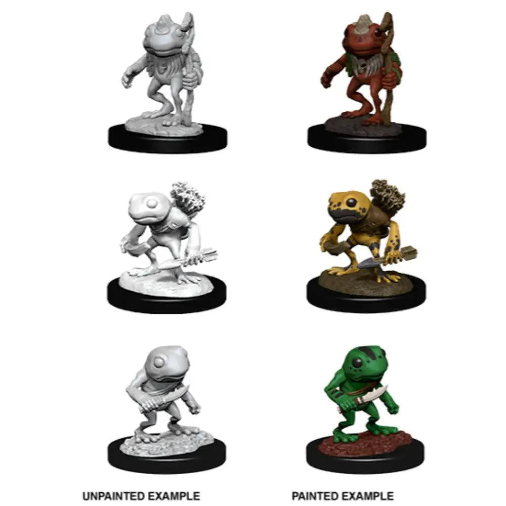 Wizkids unpainted grung 3 miniature frog figures with detailed sculpted features on black circular bases in various poses
