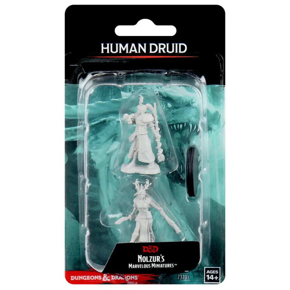 White unpainted plastic human female druid miniature figures in blister pack from dungeons and dragons wizkids product
