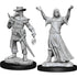Two unpainted gray plastic miniature figures on black bases from wizkids featuring a plague doctor and cultist