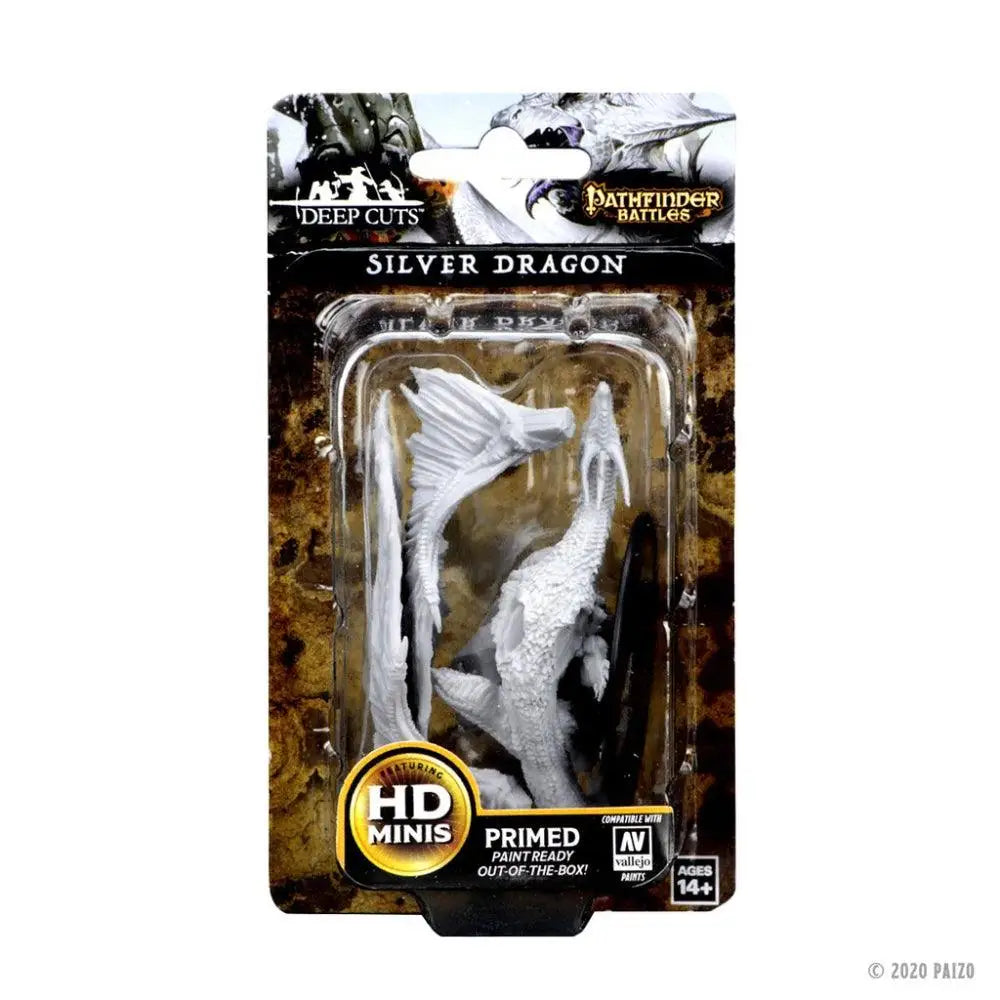 WizKids unpainted silver dragon figurine with intricately detailed metallic finish and sculpted scales