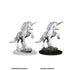 WizKids unpainted unicorn miniature figures showing one white unpainted and one painted with a golden horn