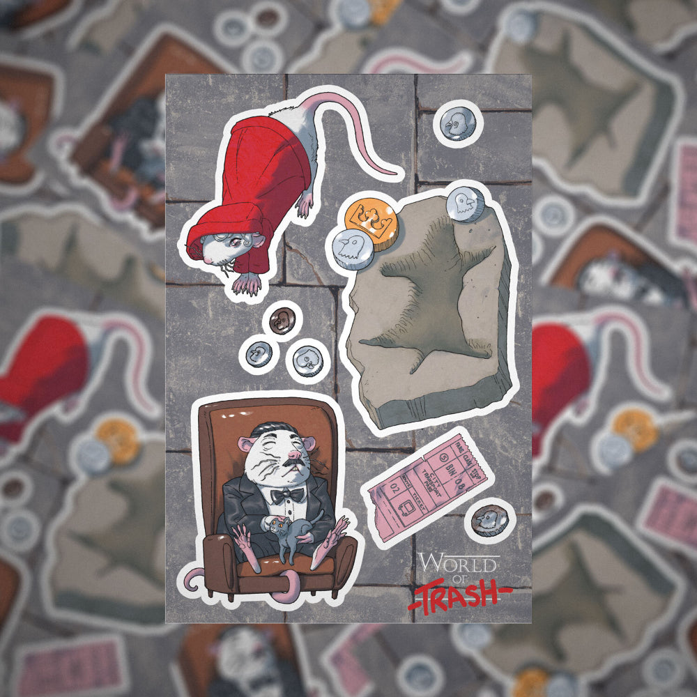 A whimsical sticker sheet titled world of trash an offer you can’t refuse featuring cartoon rats in various scenes