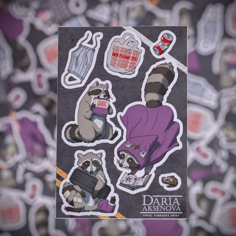 A dark gray World of Trash by the Book sticker sheet featuring illustrated raccoons in various poses and outfits