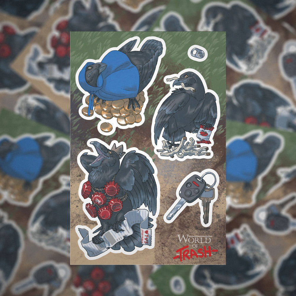A rectangular sticker sheet featuring illustrated black crows in various poses with coins keys and a can from world of trash corvid command