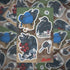 A rectangular sticker sheet featuring illustrated black crows in various poses with coins keys and a can from world of trash corvid command