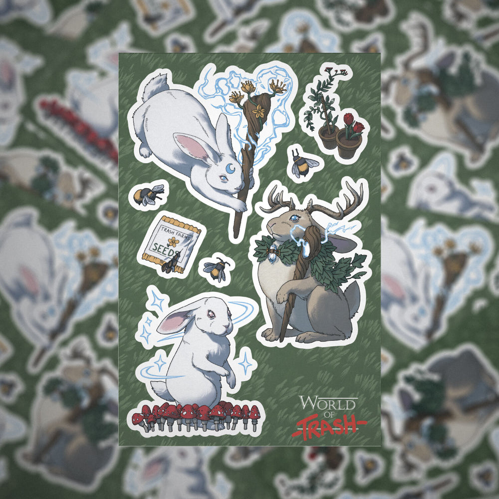 A world of trash fairy circles sticker sheet featuring whimsical white and gray rabbits with glowing mushrooms and enchanted trees