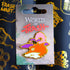 A vibrant orange fox hard enamel pin with a purple hat pink feather gold trim from world of trash