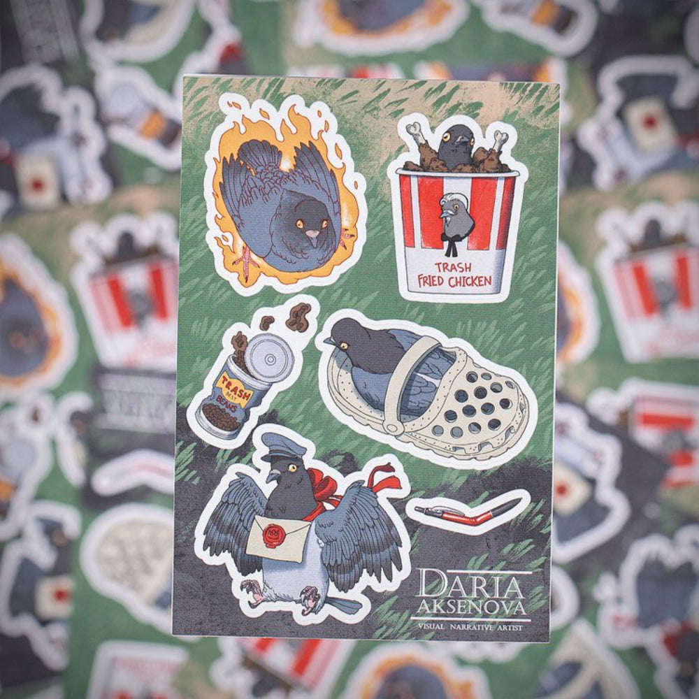 A sheet of colorful cartoon pigeon stickers in humorous scenes from world of trash trash fried chicken product