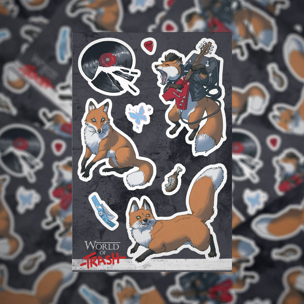 A heavy metal sticker sheet featuring cartoon foxes playing guitar and sitting calmly on a dark background by world of trash