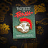 A red and white hard enamel pin featuring a marsupial with spiky hair on a World of Trash branded card
