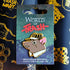 A brown hard enamel pin featuring a cartoon rat with striped hat pink ears bow tie and gold trim from World of Trash
