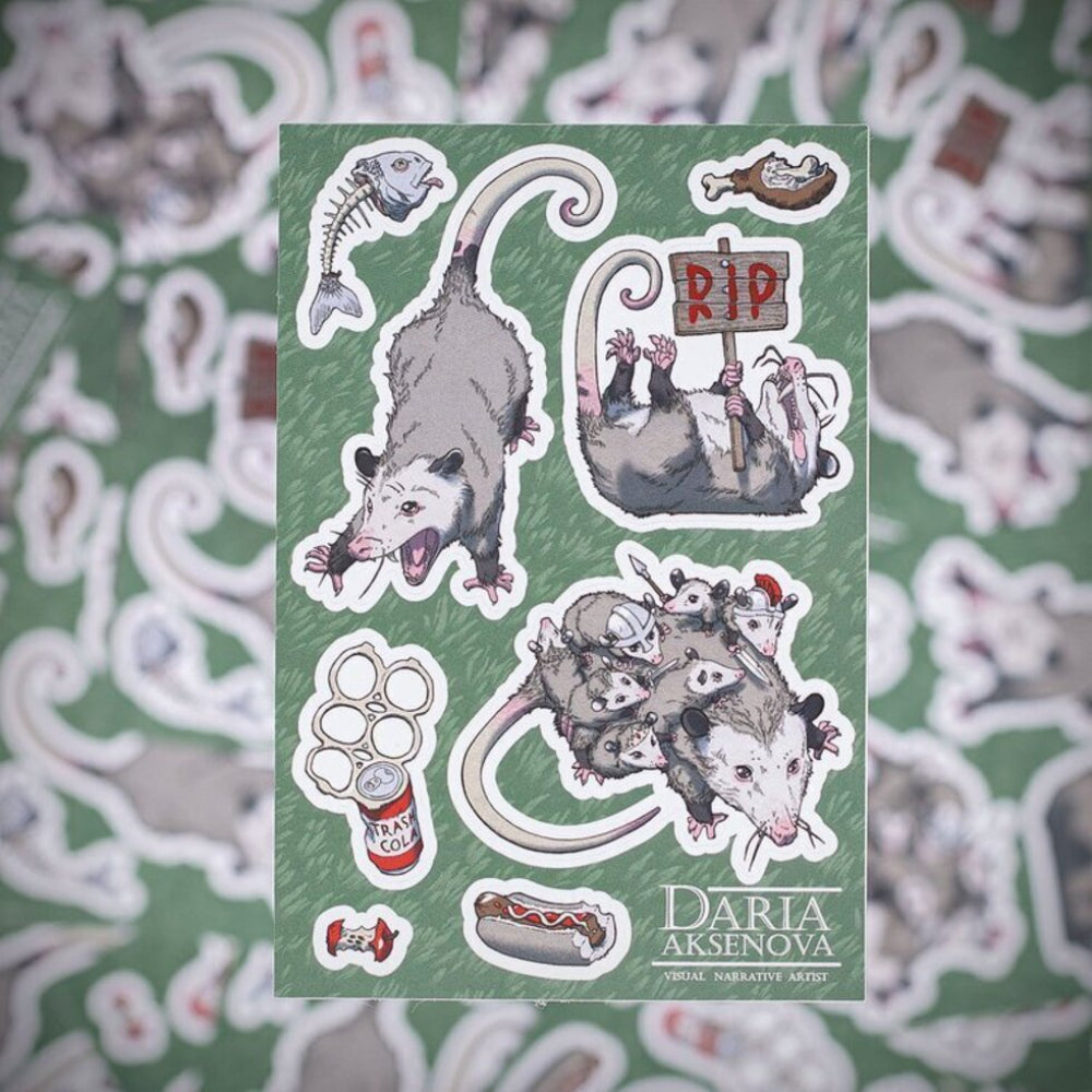 Green sticker sheet from world of trash featuring illustrated opossums in humorous poses including rip sign and group on back
