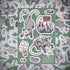 Green sticker sheet from world of trash featuring illustrated opossums in humorous poses including rip sign and group on back