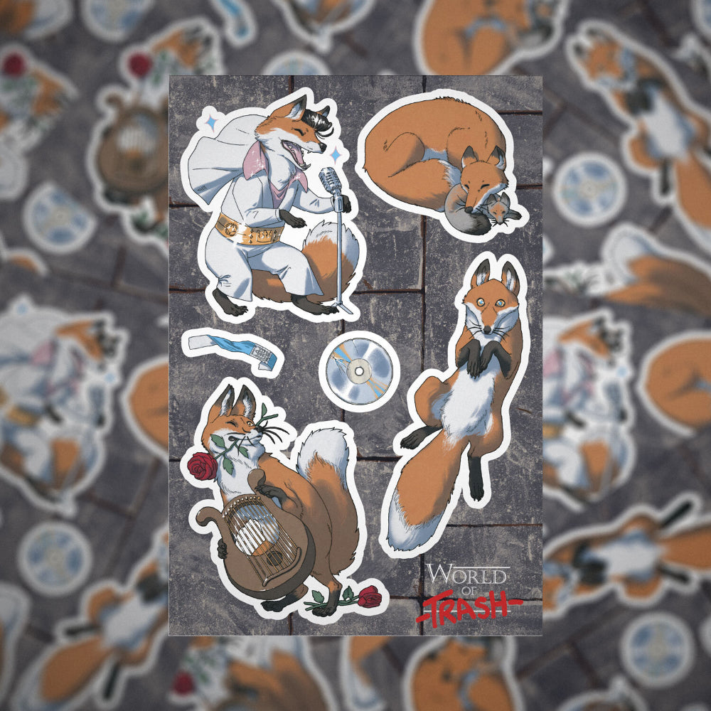 Set of fox-themed cartoon stickers in orange white and brown with black outlines from World of Trash Rock n Roll Sticker Sheet