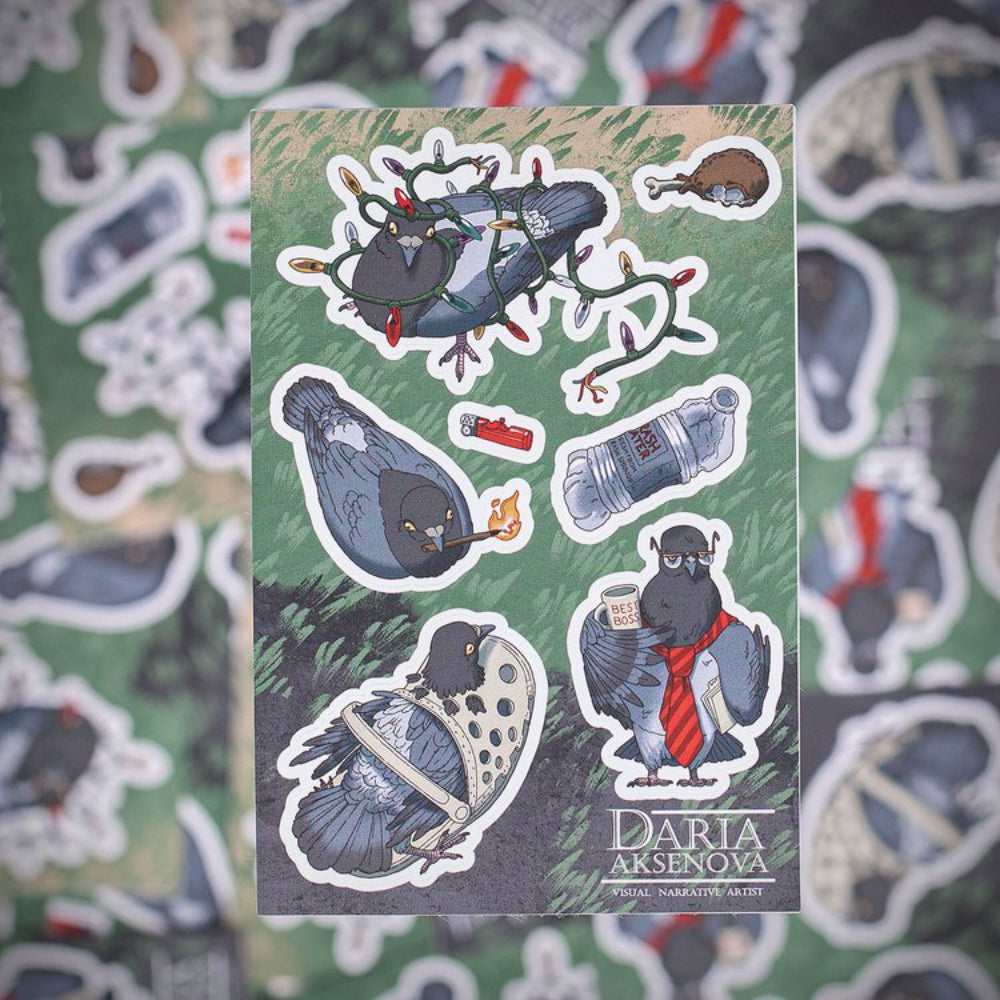 A sheet of illustrated cartoon pigeon stickers from world of trash worlds best boss sticker sheet featuring humorous scenes